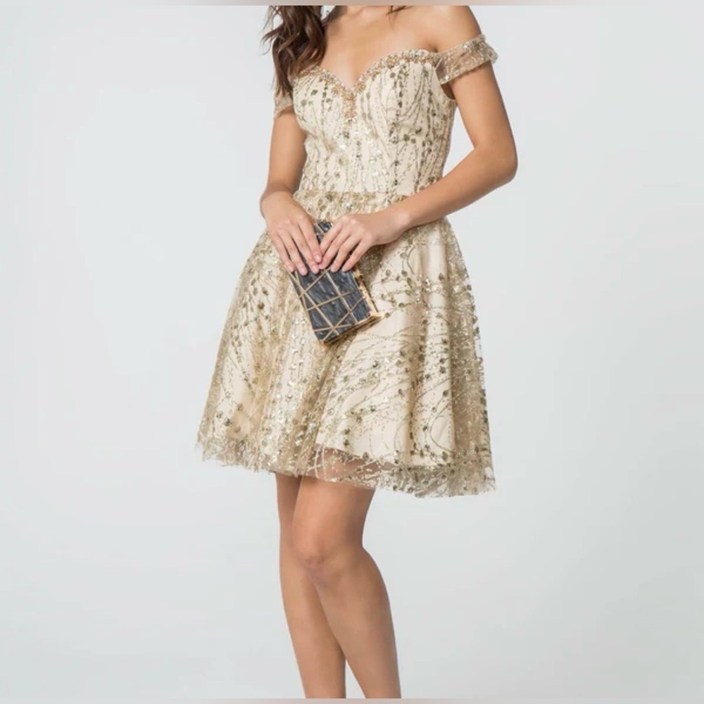 Elizabeth K Glitter Off Shoulder Cocktail Dress Medium M Gold Sequin Formal